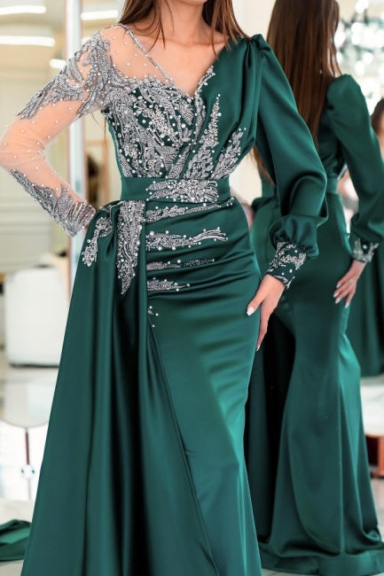 Vintage V-neck long sleeves column mermaid Prom dresses with ruffles - Prom Dresses - DINIBLO 