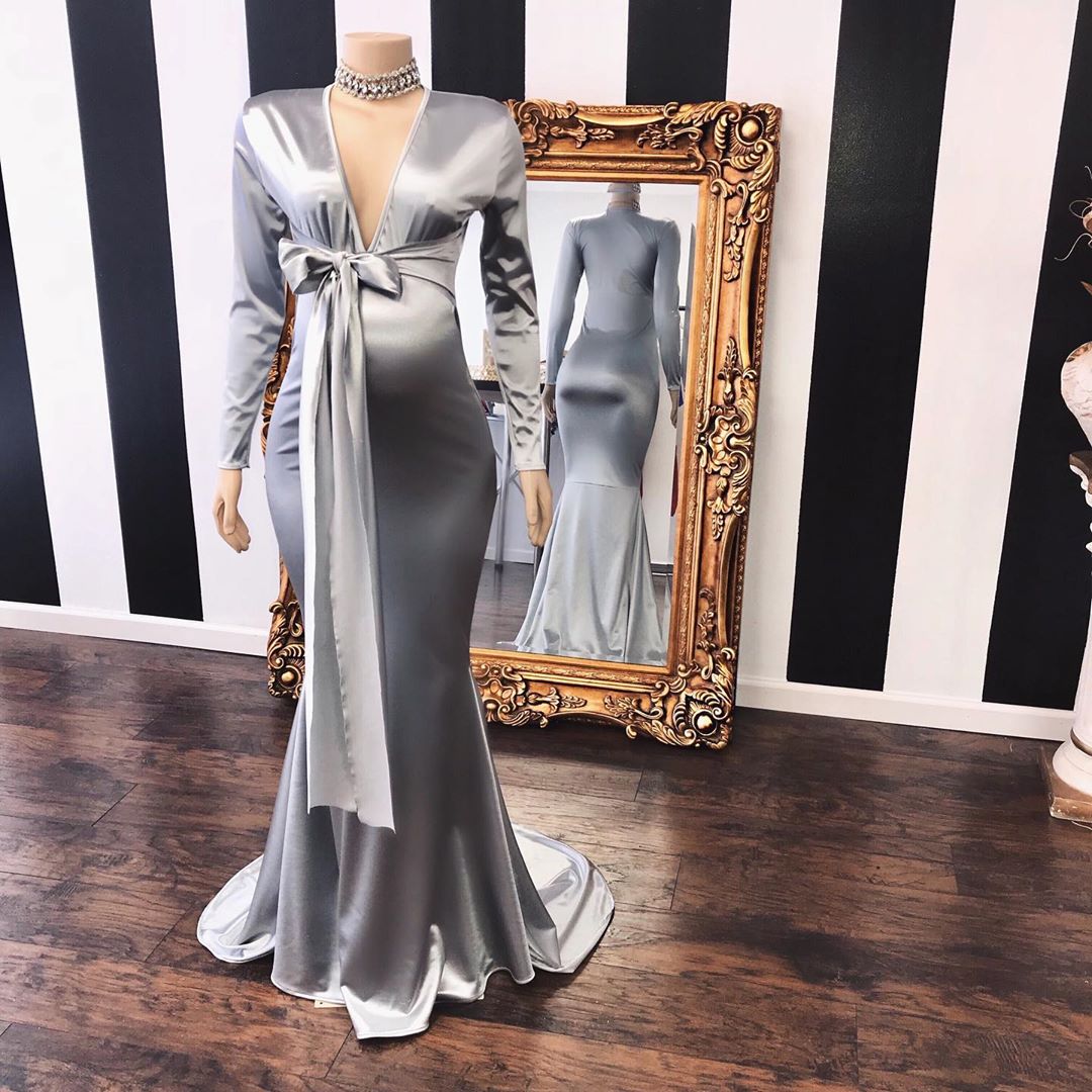 Vneck Long Sleeves Silky Ribbons Floor Length Maternity Dresses - Prom Dresses - DINIBLO 