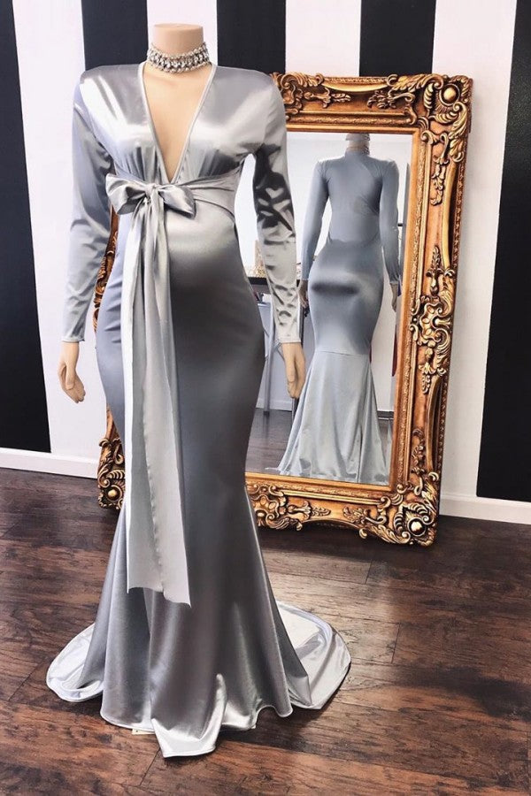 Vneck Long Sleeves Silky Ribbons Floor Length Maternity Dresses - Prom Dresses - DINIBLO 