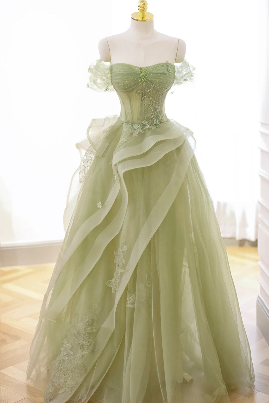 Nellie | Green Tulle Lace Long Prom Dress with Corset, Green Formal Party Dress - Prom Dress - DINIBLO 