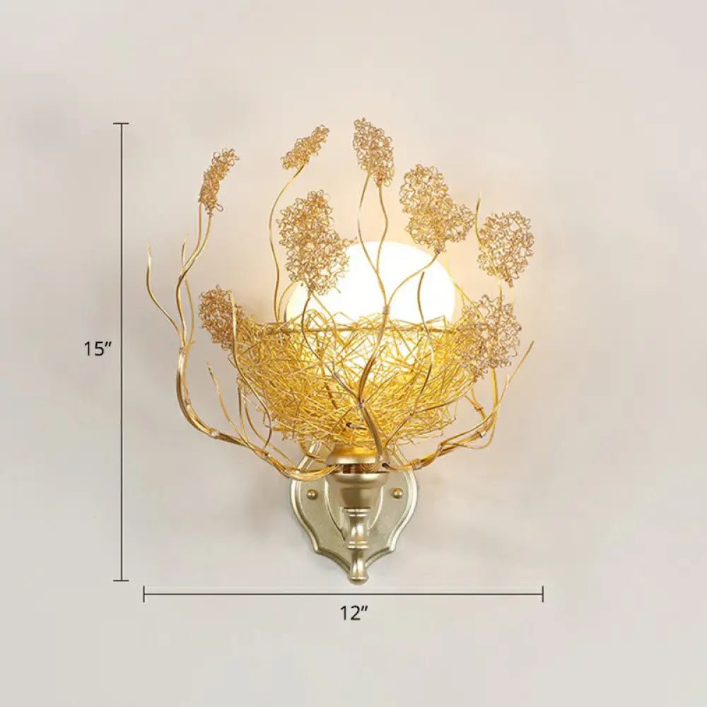 White Glass Egg Shaped Wall Lamp - Bedroom Sconce Light with Gold Aluminum Wire Nest -  - DINIBLO 