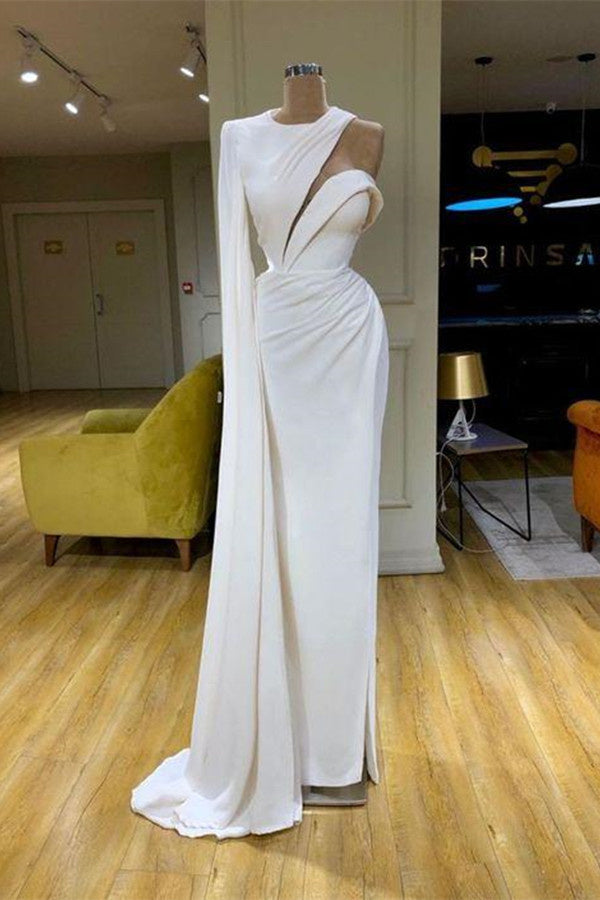 White One Shoulder Satin Mermaid Prom Dress High Neck slim Evening Maxi Dress - Prom Dresses - DINIBLO 