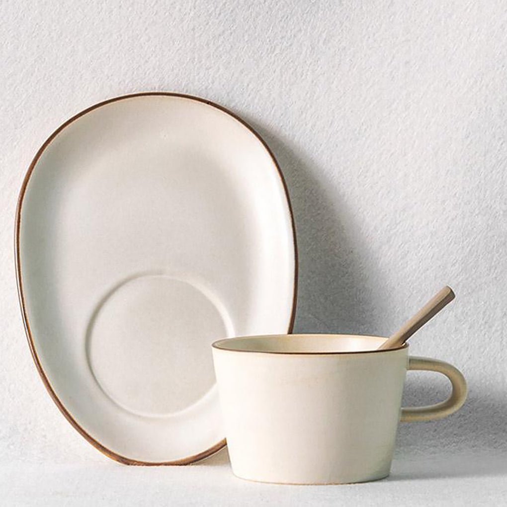 White Stoneware Mug Coffee Cup Teacup with Oval Rectangle Saucer - Home Decor > Storage Containers > Cups & Bowls & Spoons - DINIBLO 