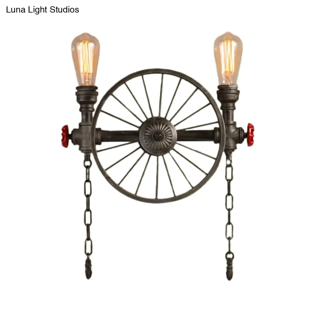 Wrought Iron Bistro Wall Light with Decorative Wheel and Chain in Silver/Bronze - 2/4-Light Loft Wall Mount Fixture -  - DINIBLO 