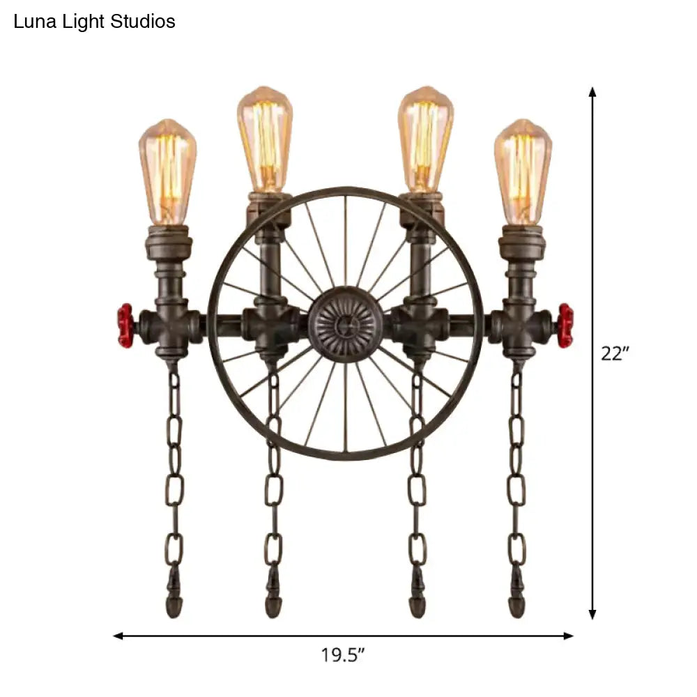 Wrought Iron Bistro Wall Light with Decorative Wheel and Chain in Silver/Bronze - 2/4-Light Loft Wall Mount Fixture -  - DINIBLO 