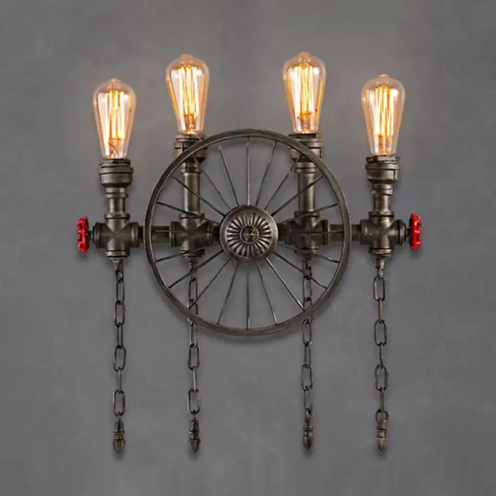 Wrought Iron Bistro Wall Light with Decorative Wheel and Chain in Silver/Bronze - 2/4-Light Loft Wall Mount Fixture -  - DINIBLO 