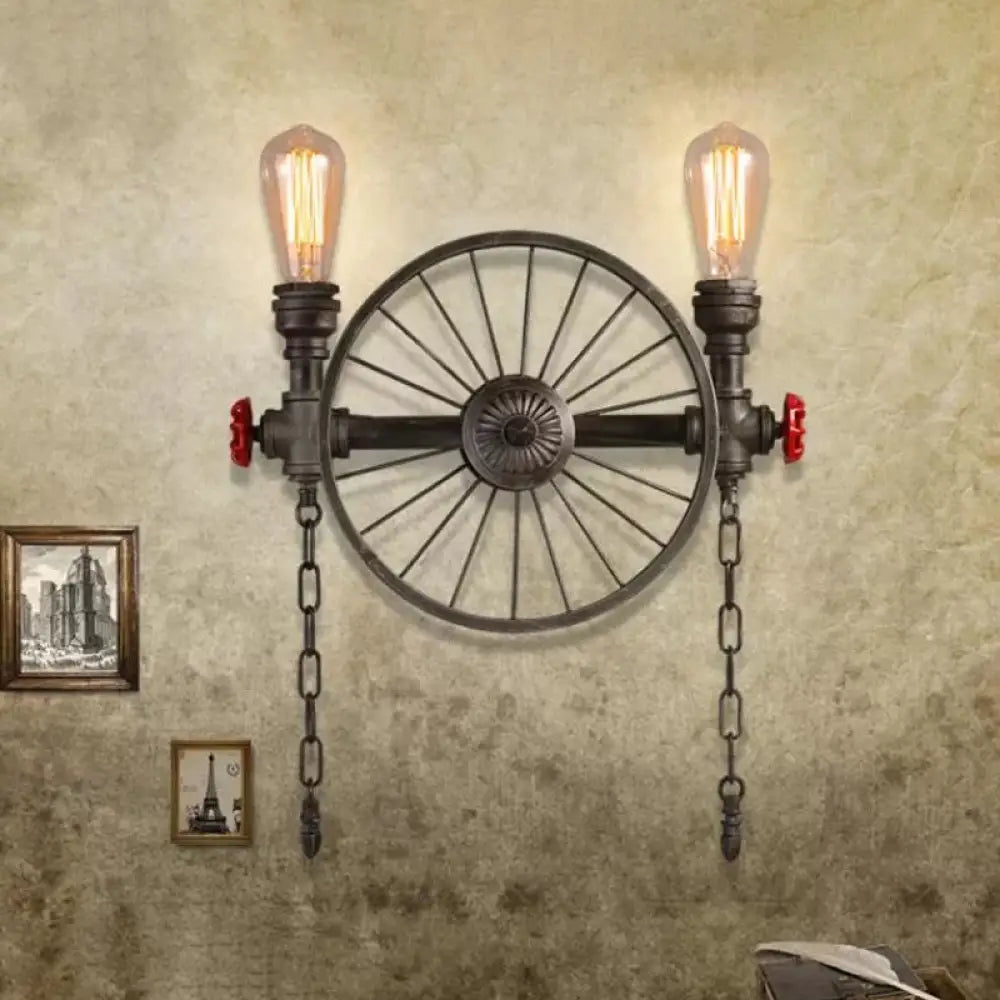 Wrought Iron Bistro Wall Light with Decorative Wheel and Chain in Silver/Bronze - 2/4-Light Loft Wall Mount Fixture -  - DINIBLO 