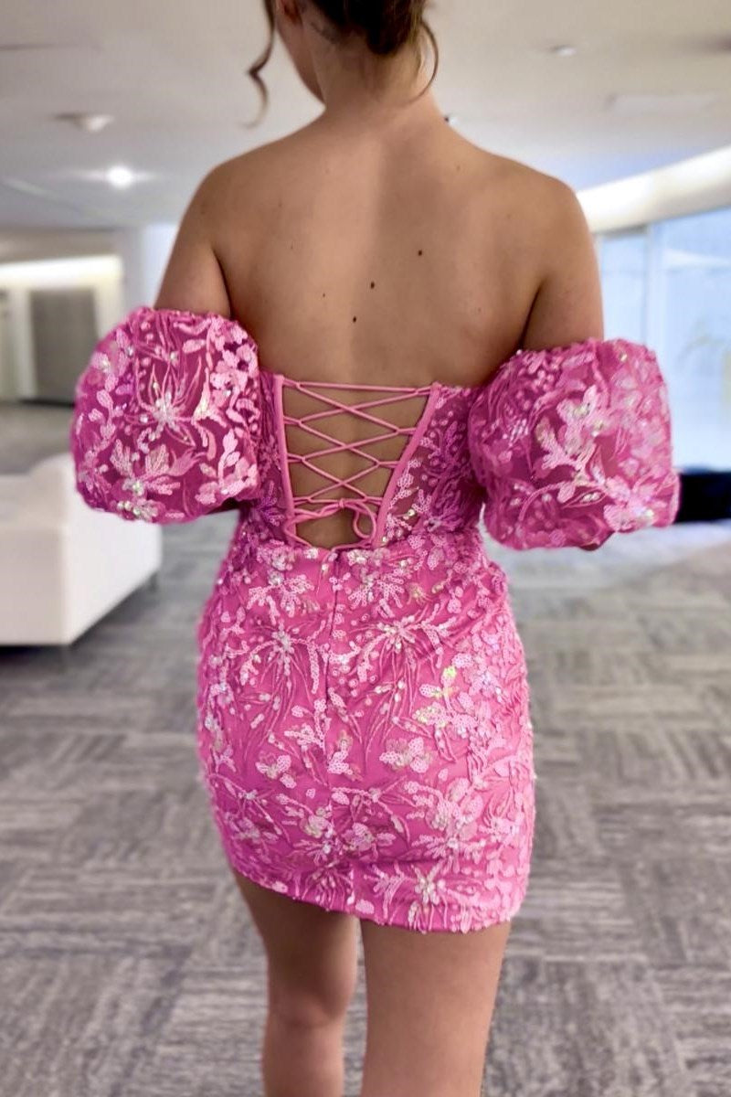 Zahra | Hot Pink Sequin Lace Strapless Short Dress with Detachable Sleeves - Prom Dress - DINIBLO 