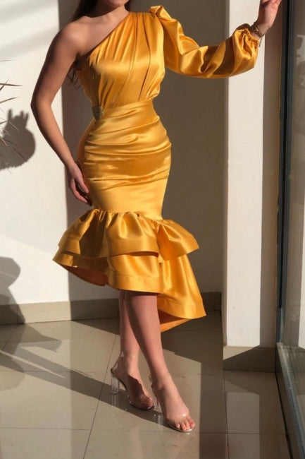 Yellow Gorgeous One Shoulder Mermaid Prom Dresses with Ruffle - Prom Dresses - DINIBLO 