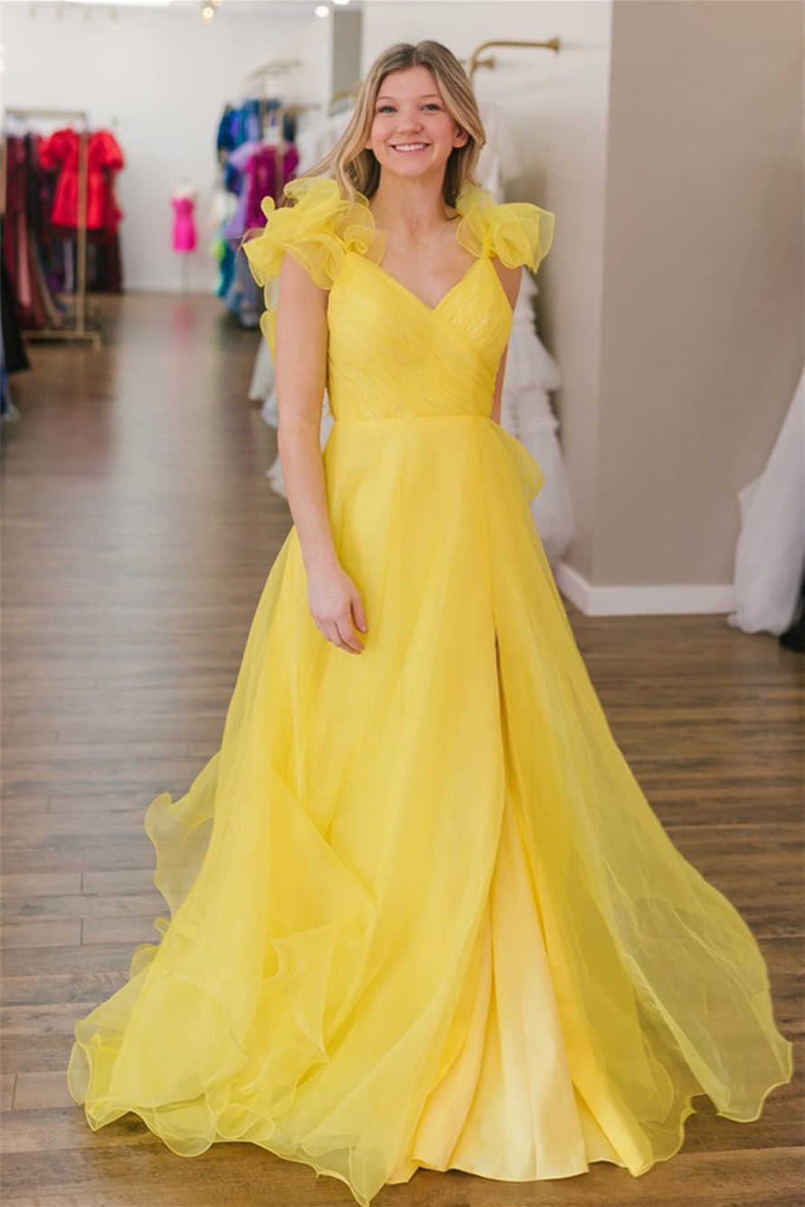 Yellow Surplice Ruffle Straps Tulle Long Prom Dress with Slit - prom dress - DINIBLO 