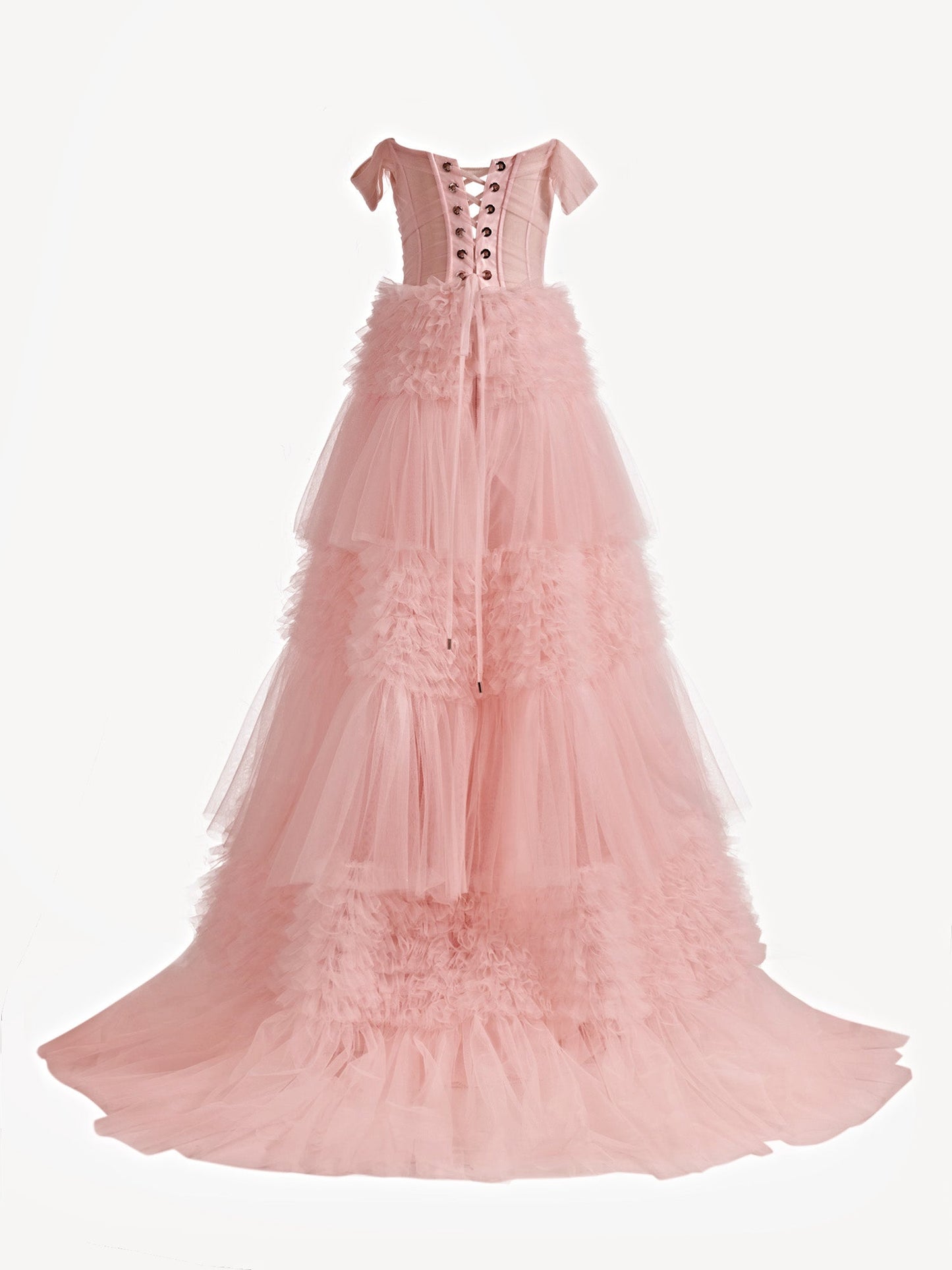 Zariah | Blush Princess A line Off Shoulder Ruffled Tulle Prom Dress - Prom Dress - DINIBLO 